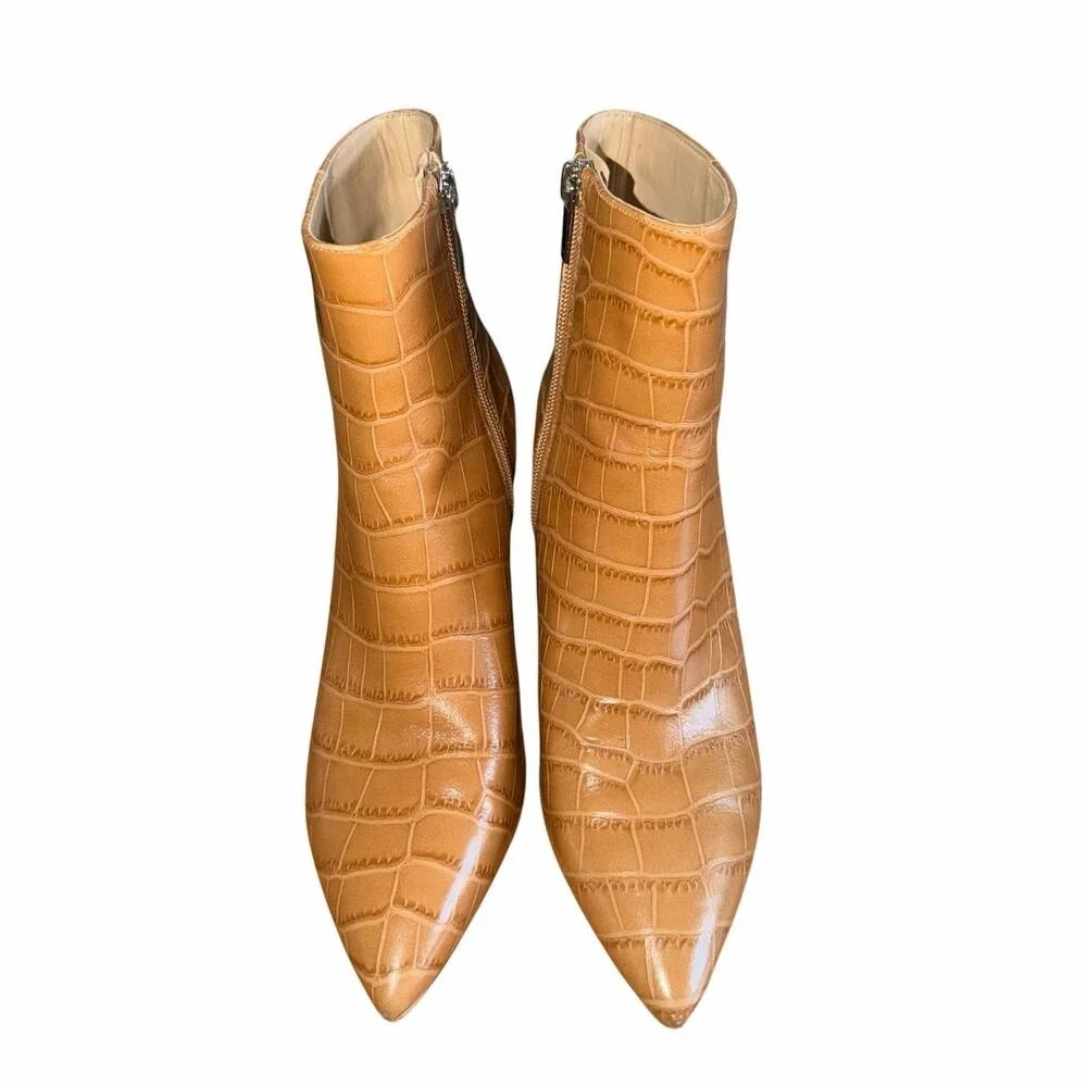 Marc Fisher Daith Croc Embossed Leather Ankle Boot Cognac Brown Block Heel 8.5M